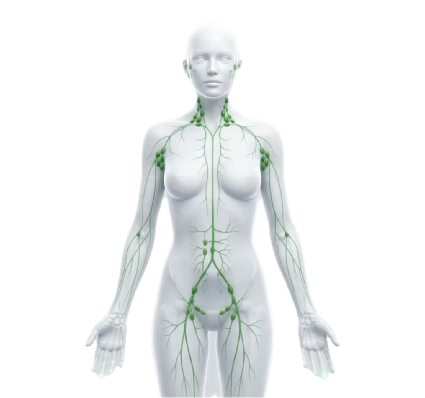 Illustration of the human lymphatic system highlighted in green — the network LORC's therapists are trained to treat